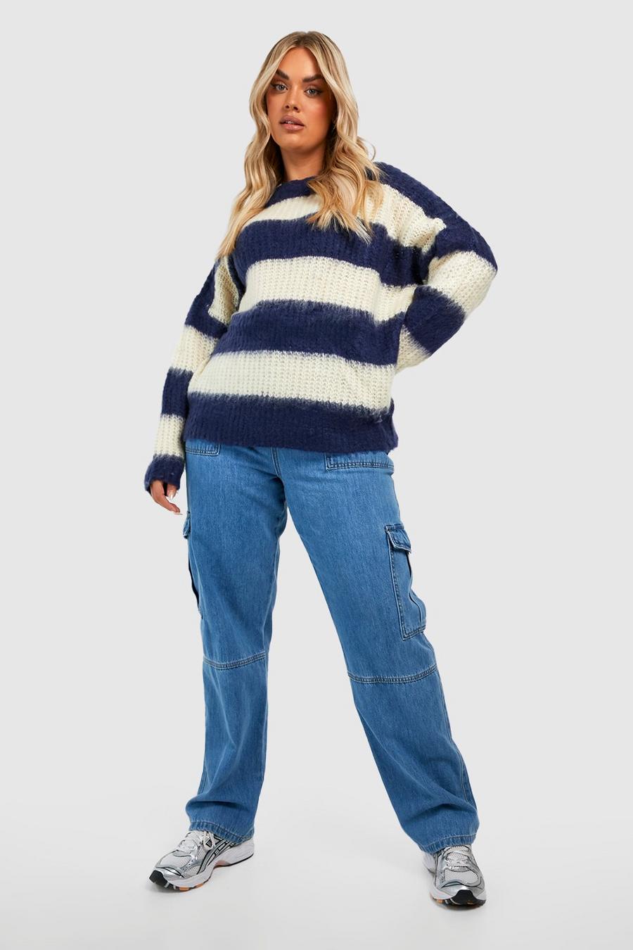 Navy Plus Fluffy Knit Striped Sweater image number 1