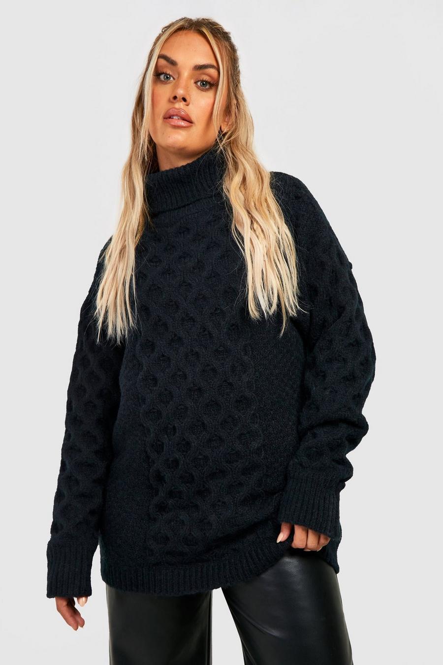 Black Plus Fluffy Chunky Cable Knit Jumper image number 1
