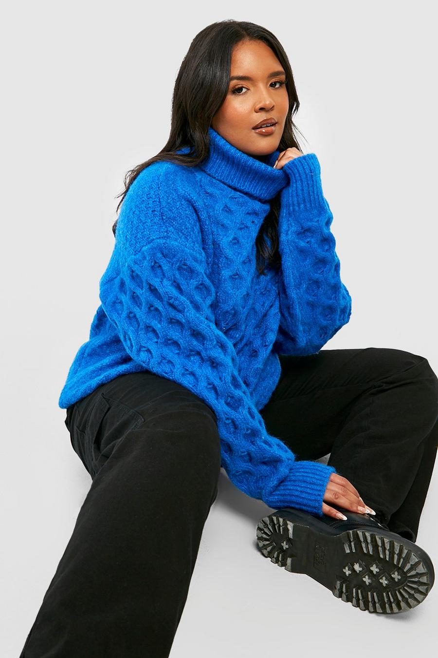 Blue Plus Fluffy Chunky Cable Knit Sweater