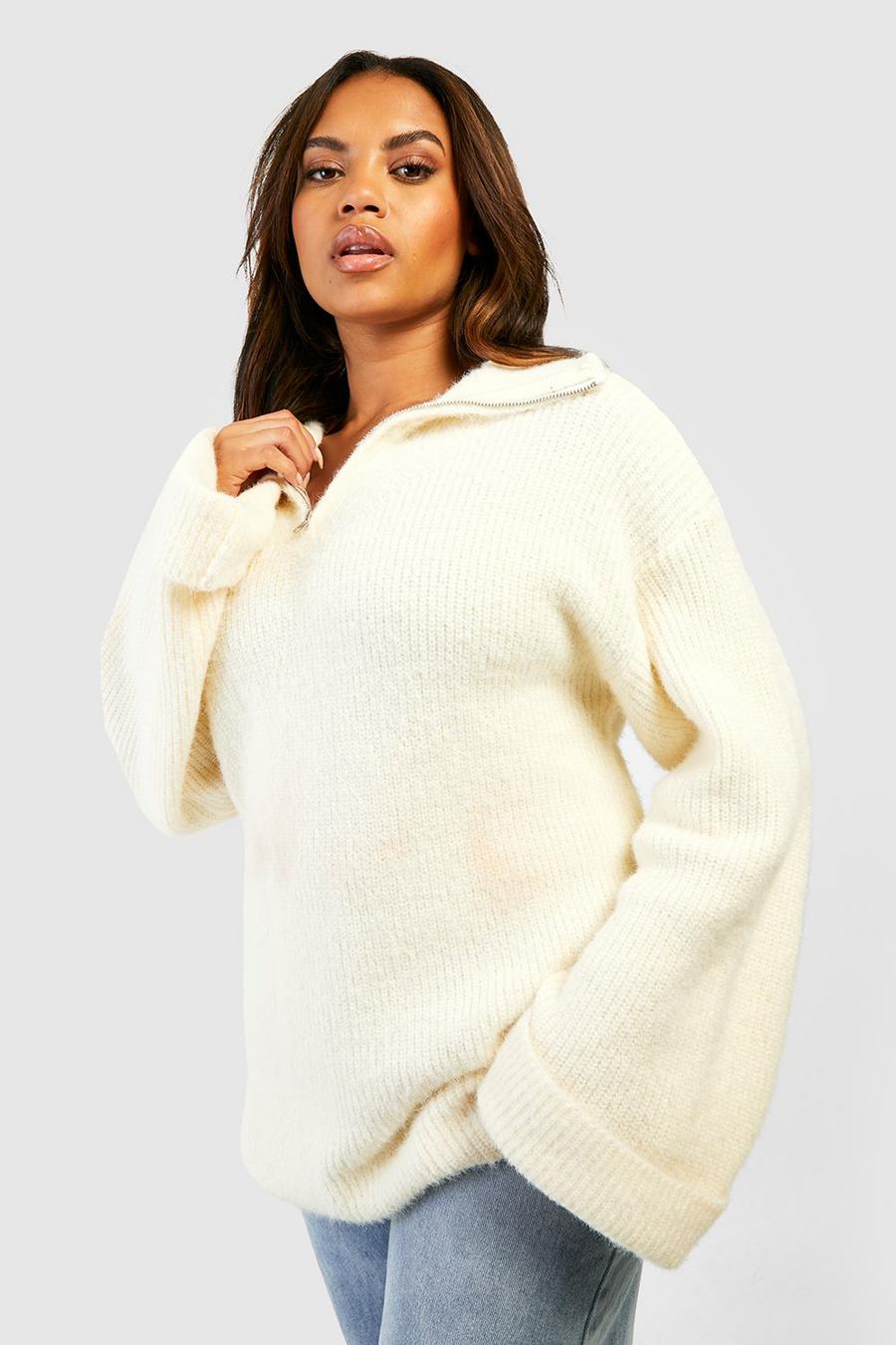 Cream Plus Fluffy Half Zip Sweater image number 1