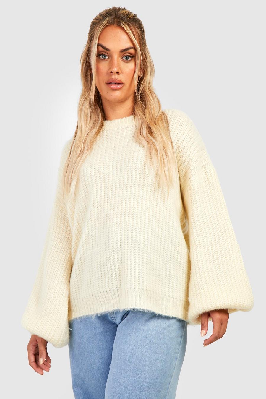 Cream Plus Fluffy Knit Balloon Sleeve Jumper image number 1