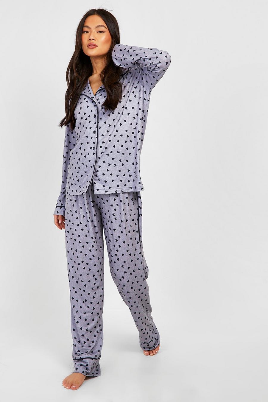 Grey marl Heart Print Jersey Button Up Pyjama Trouser Set image number 1