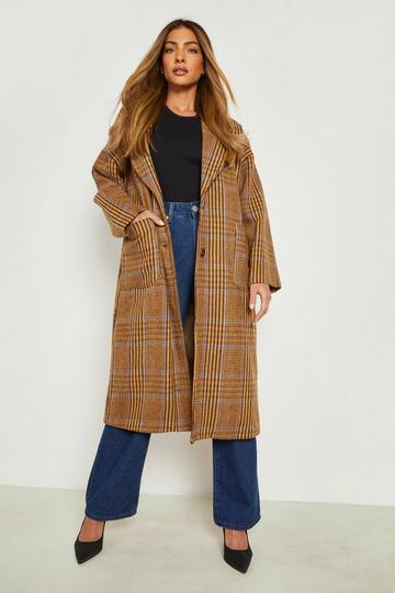 Manteau long effet laine à carreaux brown