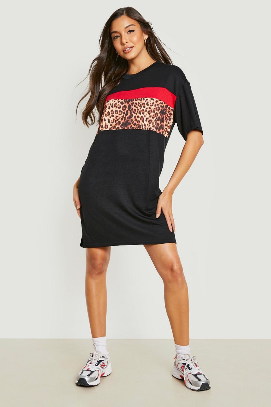 Animalprint Kontrast Colorblock T-Shirt-Kleid, Black