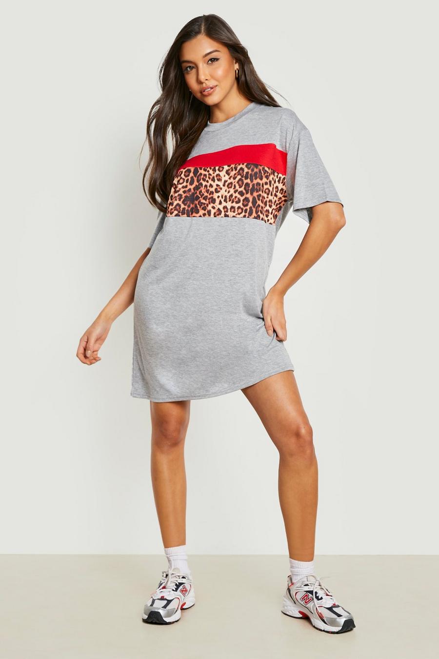 Animalprint Kontrast Colorblock T-Shirt-Kleid, Grey image number 1