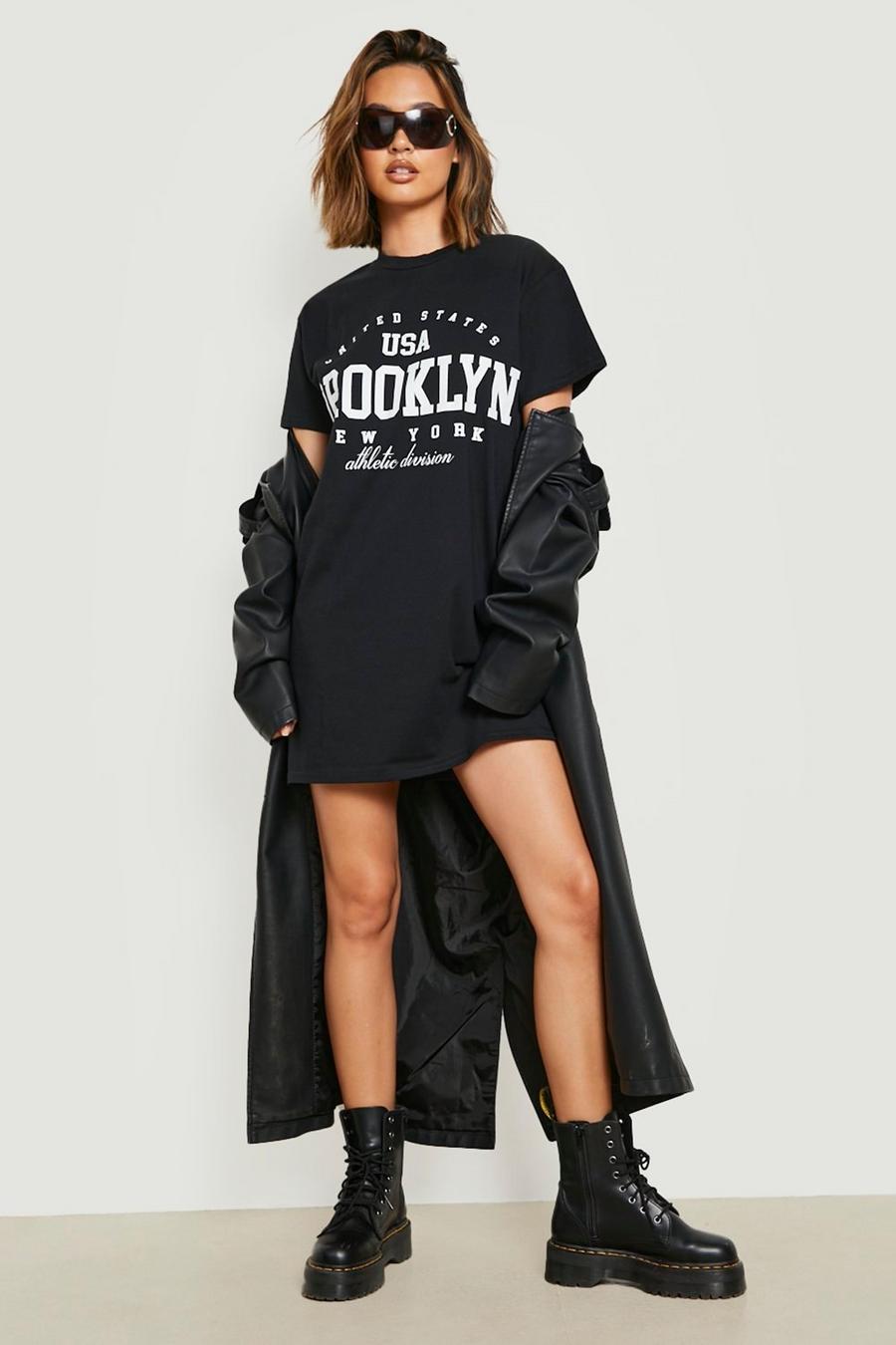 Vestito T-shirt oversize con stampa di slogan Brooklyn, Black nero