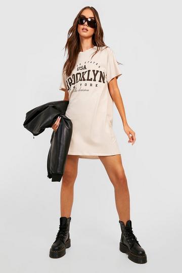 Brooklyn Slogan Print Oversized T-Shirt Dress sand