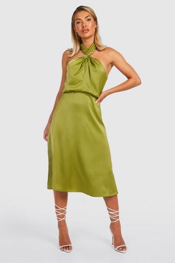 Olive Green Satin Halterneck Twist Midi Bridesmaid Dress