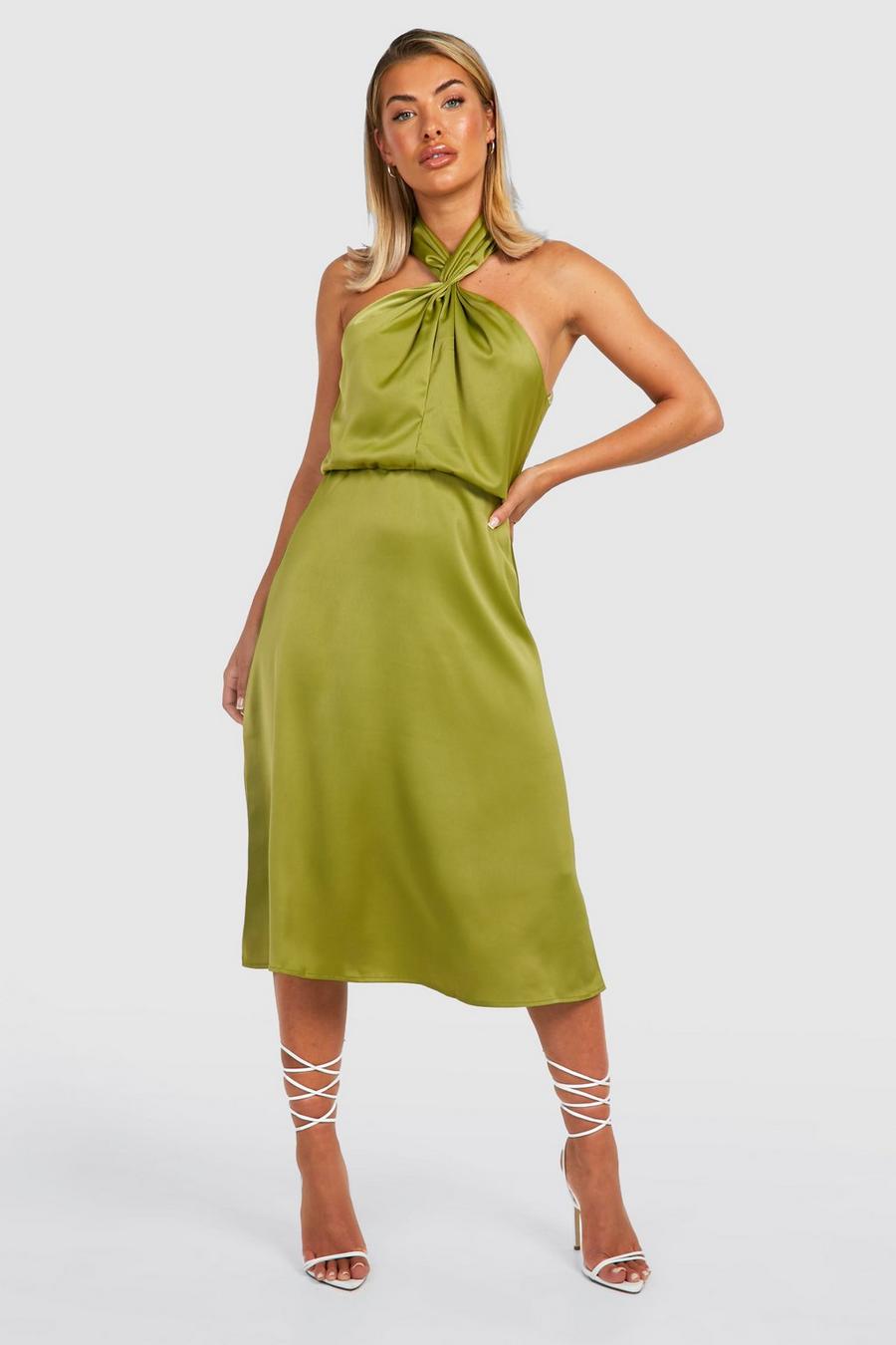 Olive green Satin Halter Twist Midi Bridesmaid Dress