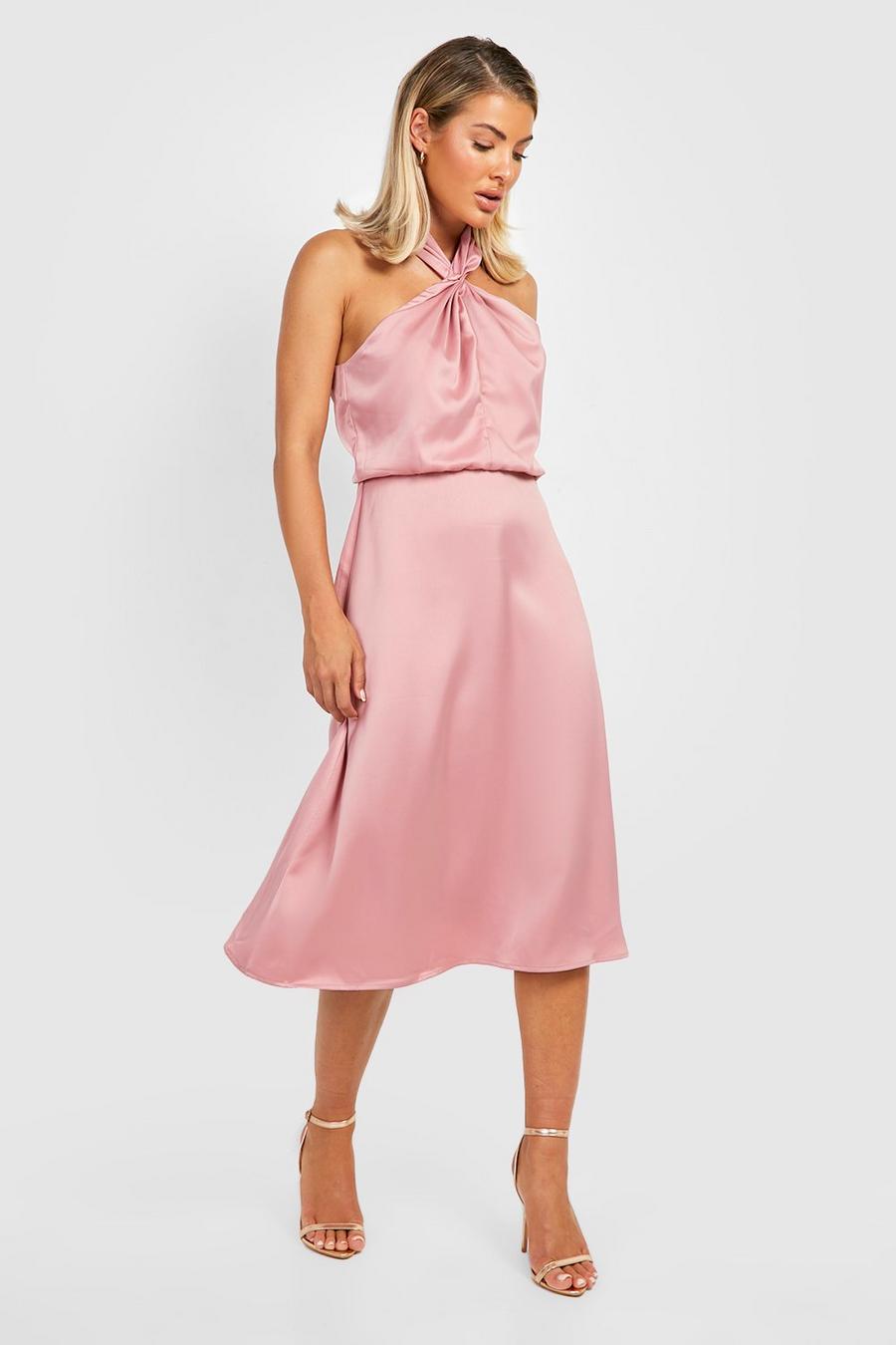 Rose pink Satin Halter Twist Midi Bridesmaid Dress