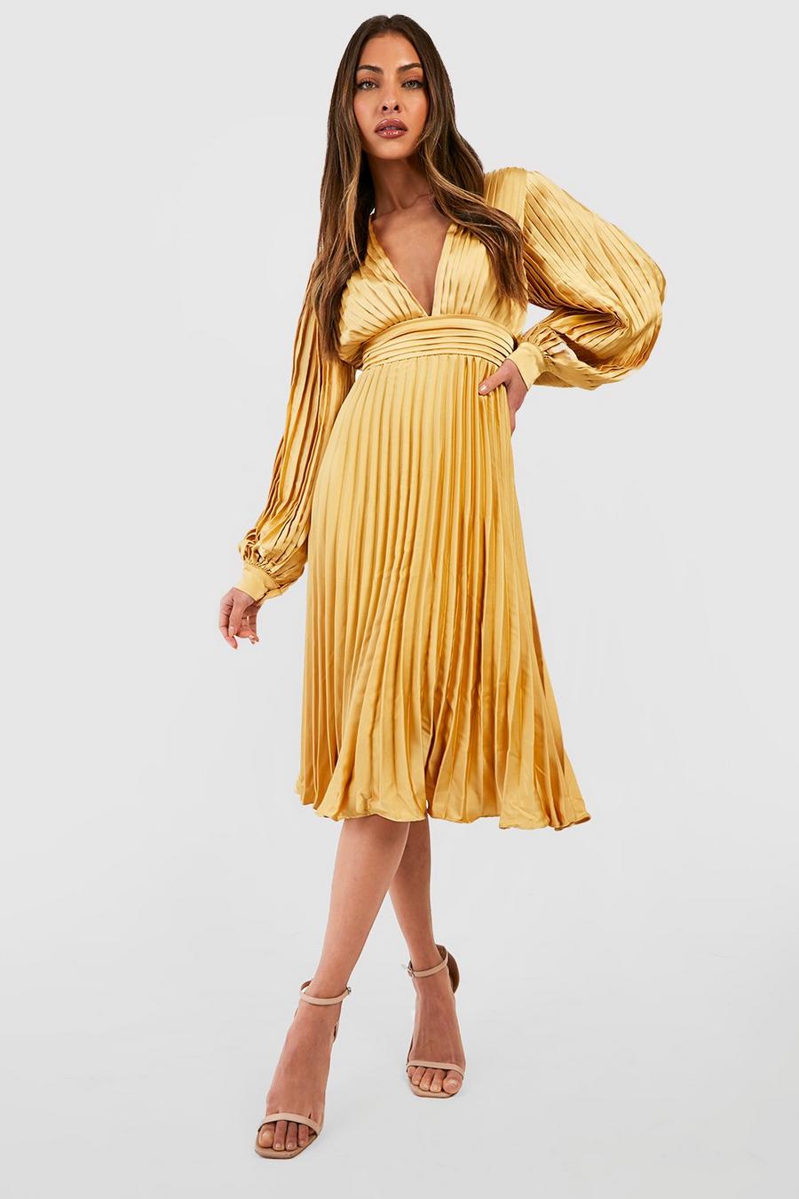 Chartreuse yellow Satin Pleated Midi Dress image number 1