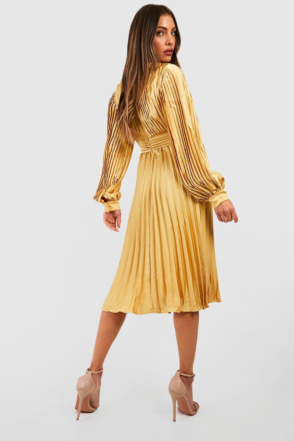 Mustard satin 2025 pleated midi dress