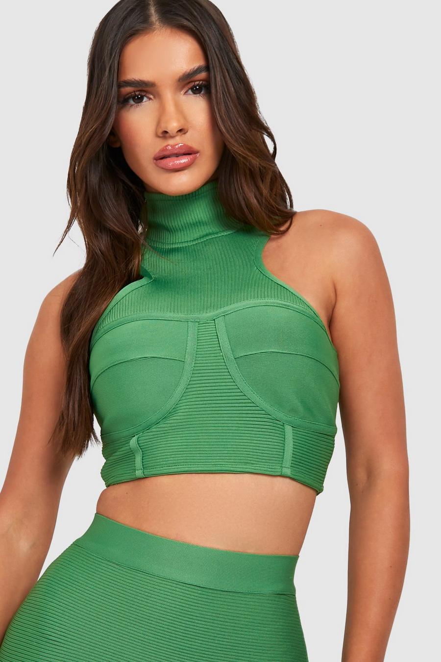 Green Premium Bandage High Neck Cropped Top image number 1