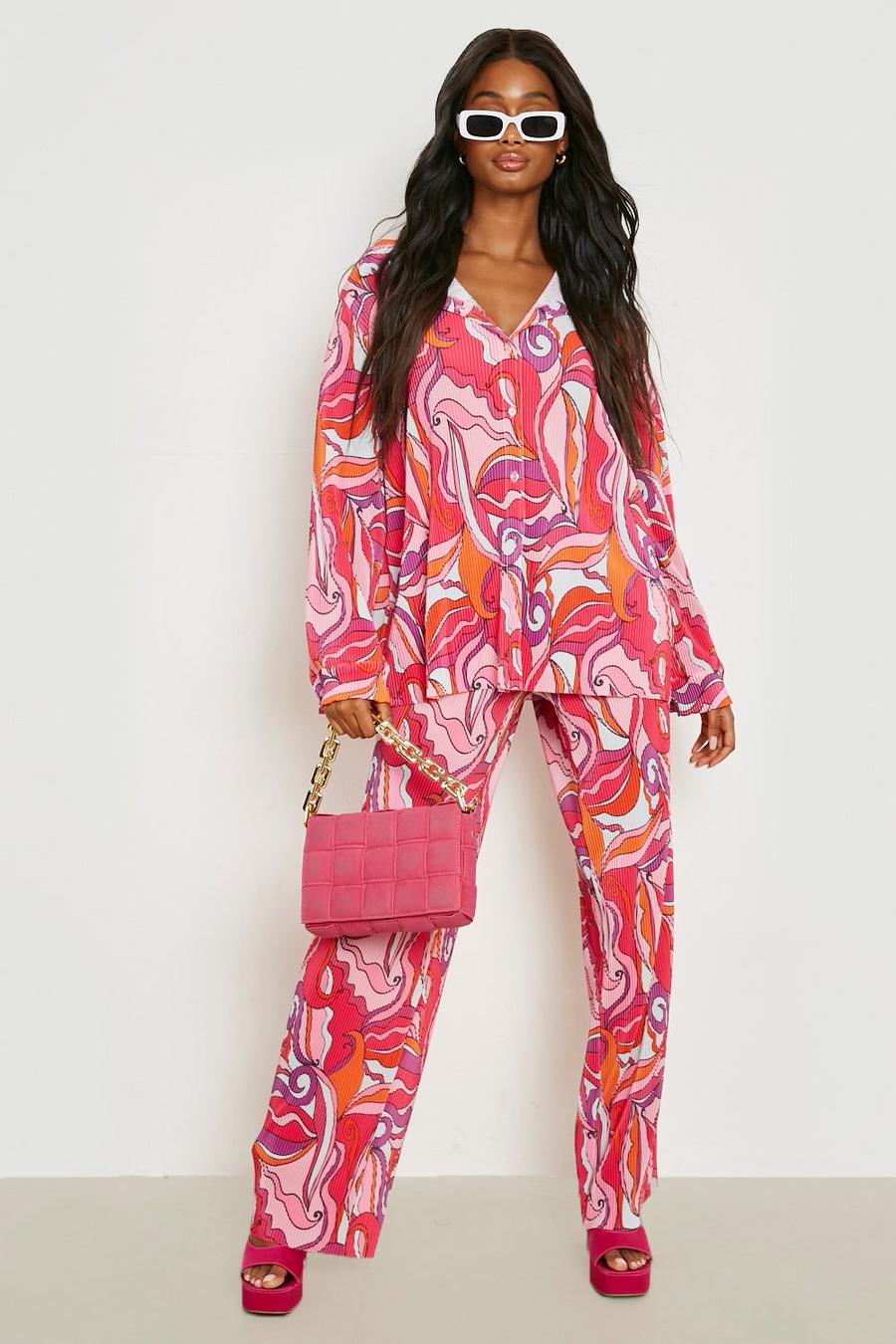 Pink Abstract Print Plisse Wide Leg Trousers