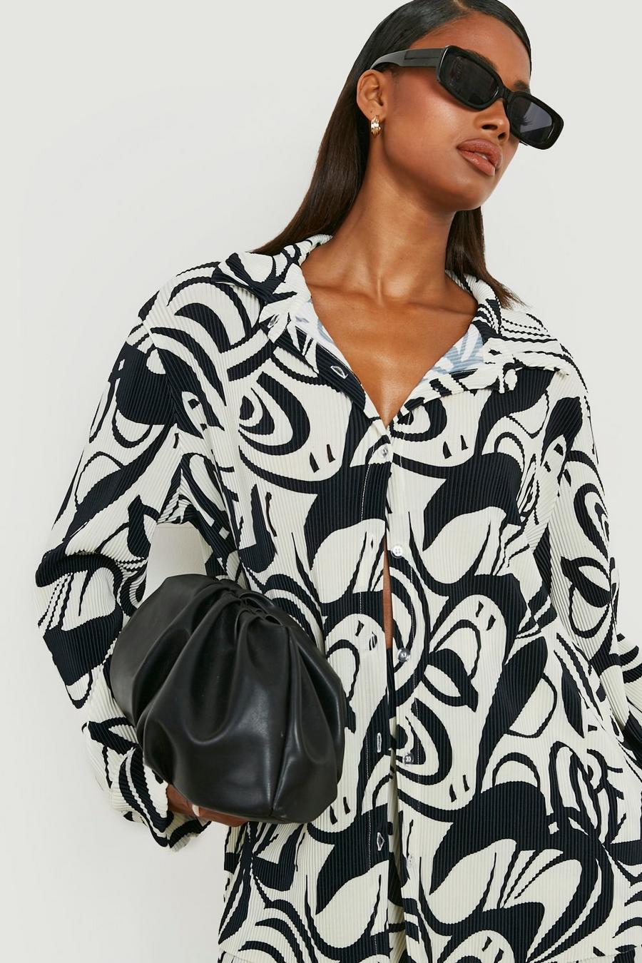 Black Abstract Print Plisse Relaxed Fit Shirt
