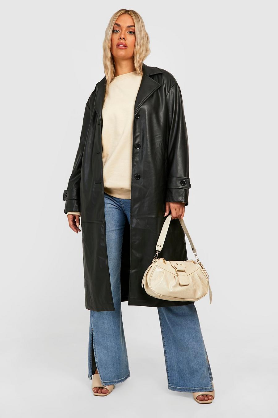Black Plus Faux Pu Trench Coat  image number 1