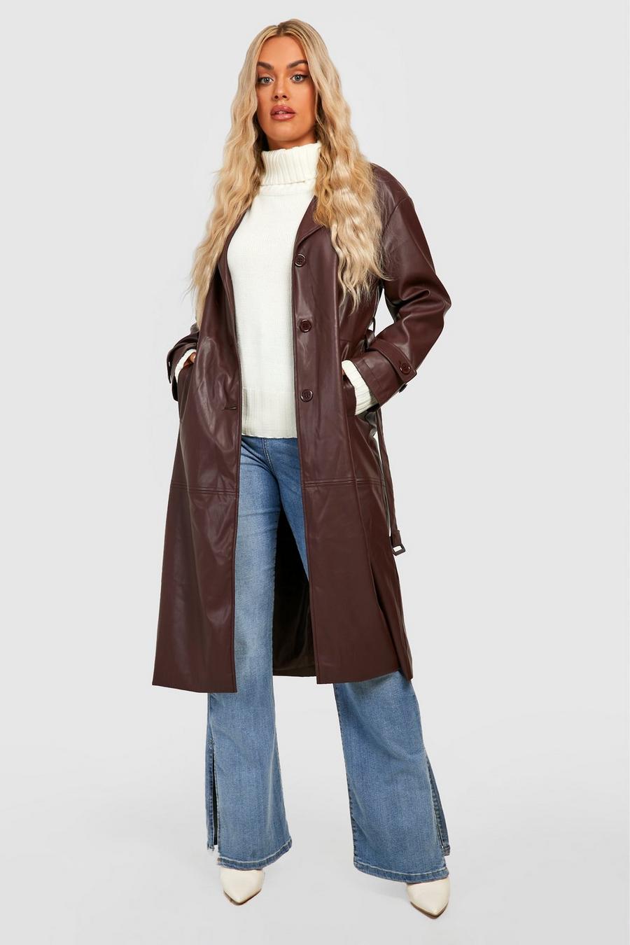 Chocolate marrón Plus Faux Pu Trench Coat 