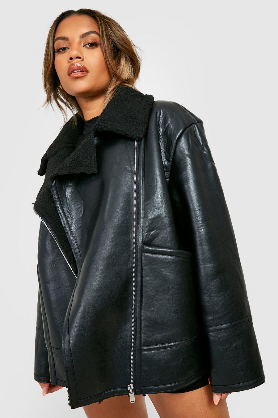 Black Plus Borg Collar Aviator Jacket