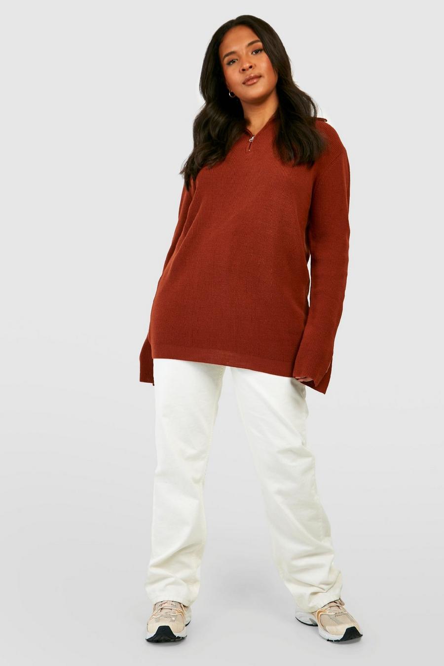 Chocolate Plus Knitted Half Zip Split Sleeve Sweater image number 1