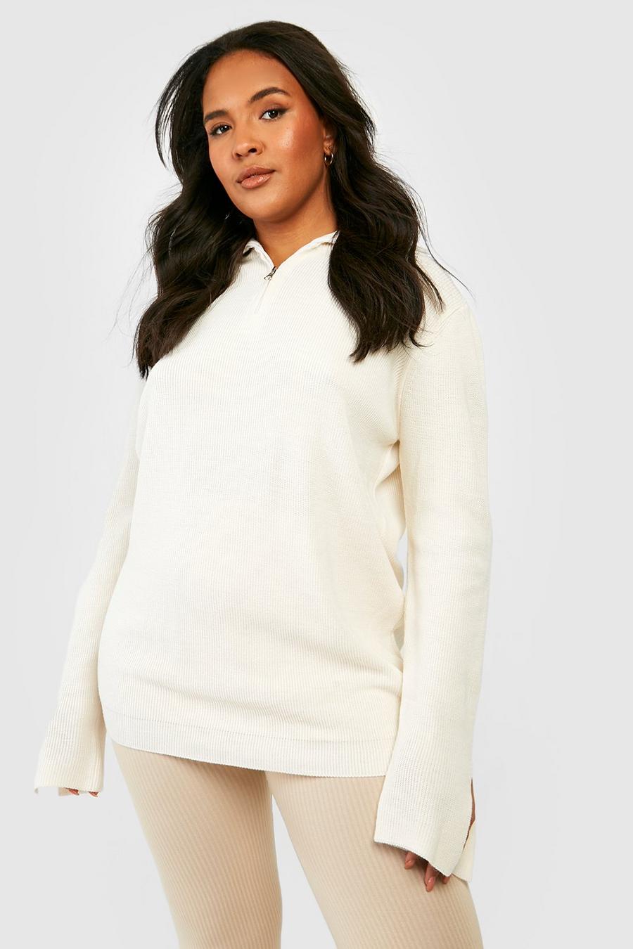 Cream white Plus Knitted Half Zip Split Sleeve Jumper