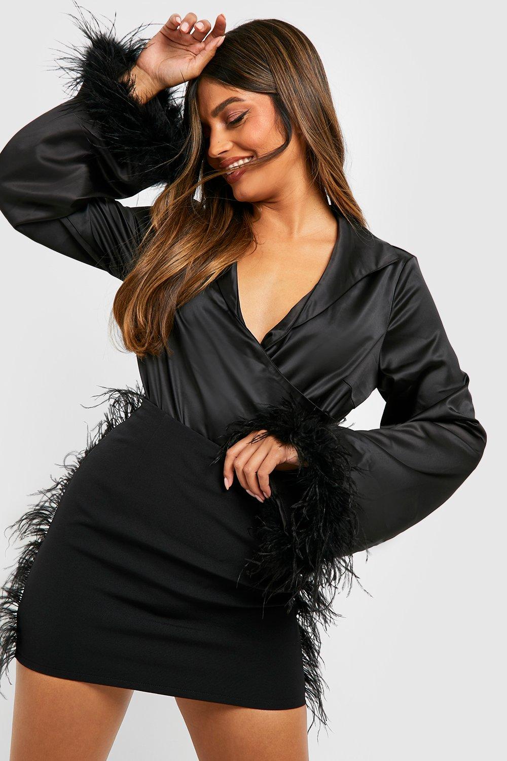 Wrap Collared Feather Cuff Bodysuit