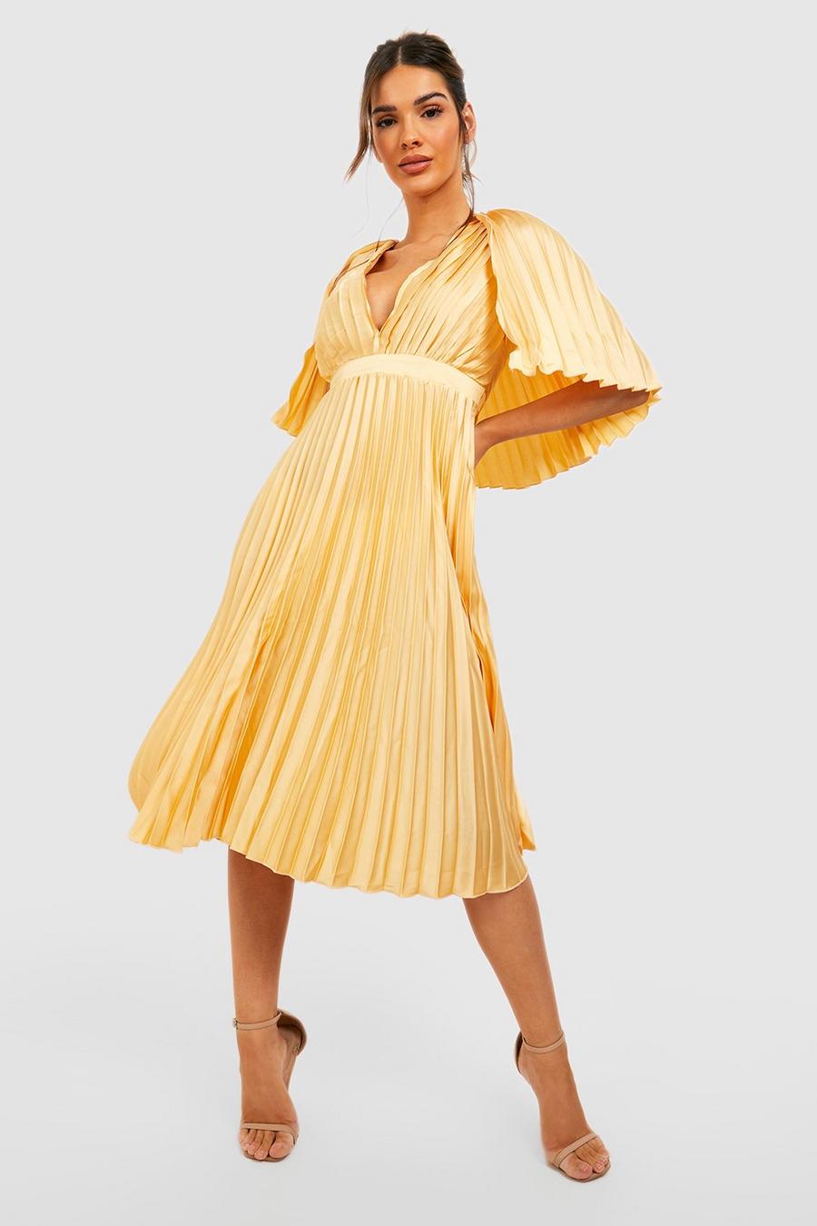 לימון amarillo שמלת שושבינה באורך מידי עם קפלים ושכמייה