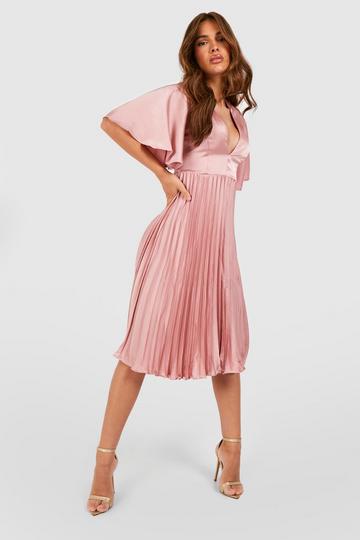 Satin Pleated Plunge Occasion Midi Dress blush