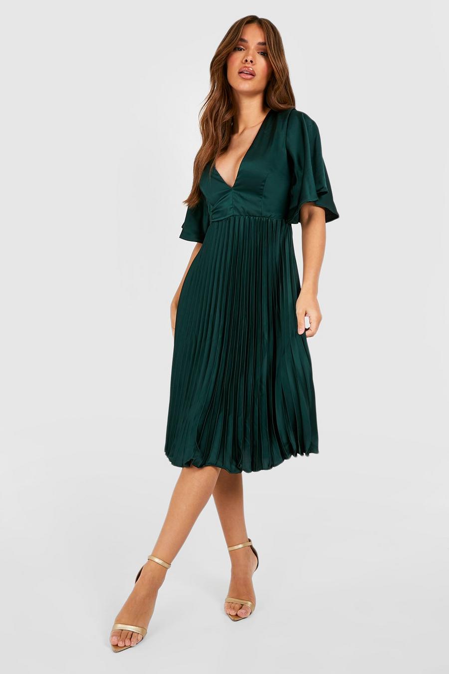 Emerald Satin Pleated Plunge Occasion Midi Dress image number 1
