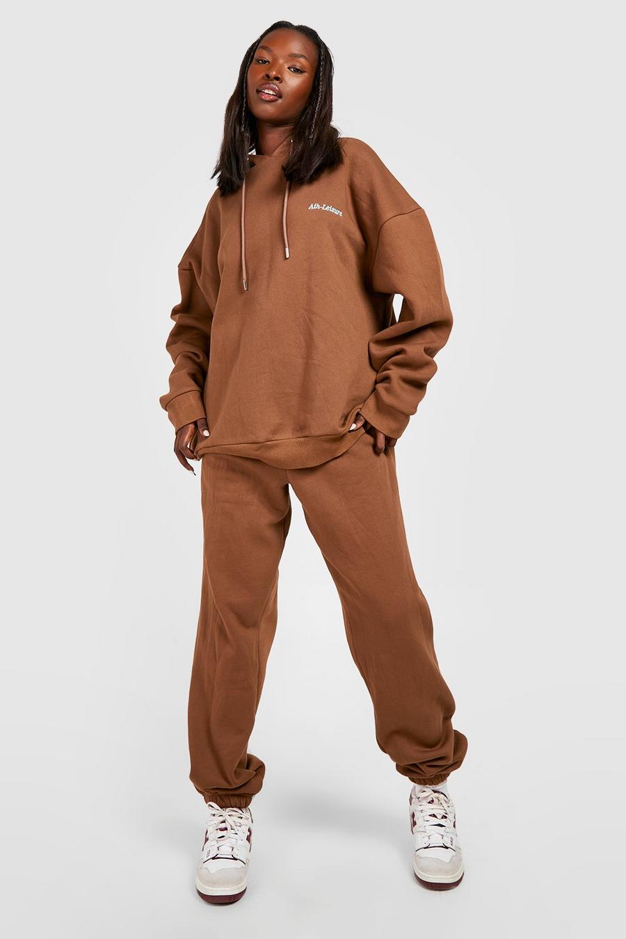 Chocolate brown Ath Leisure Slogan Hooded Tracksuit 