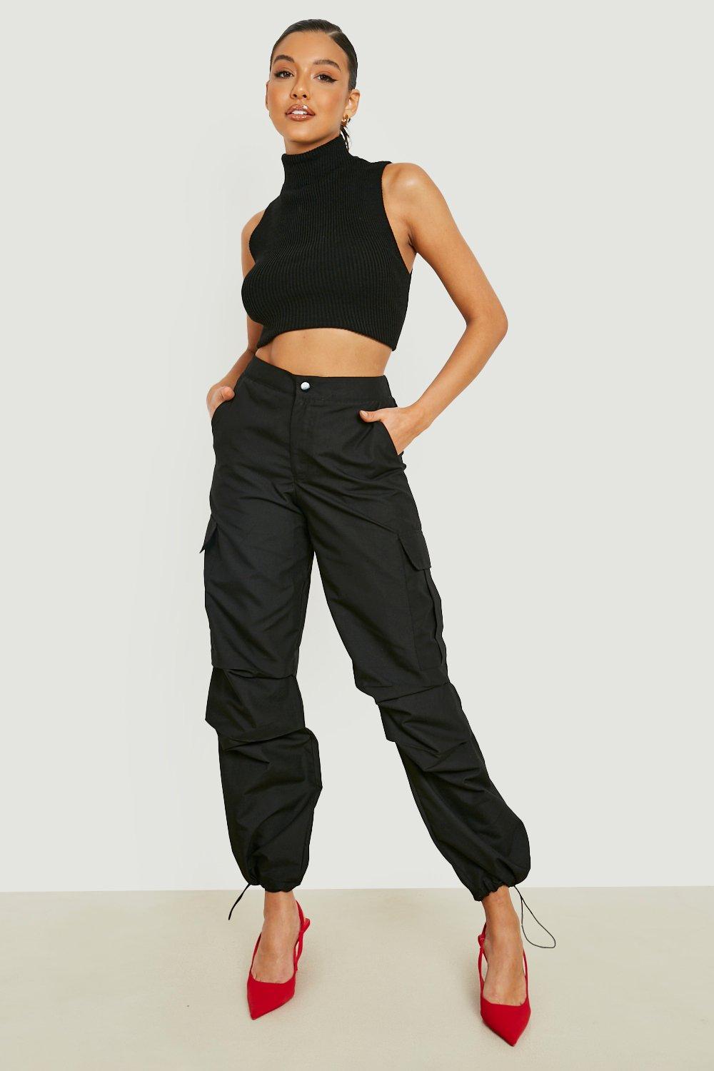 womens black cuffed cargo trousers