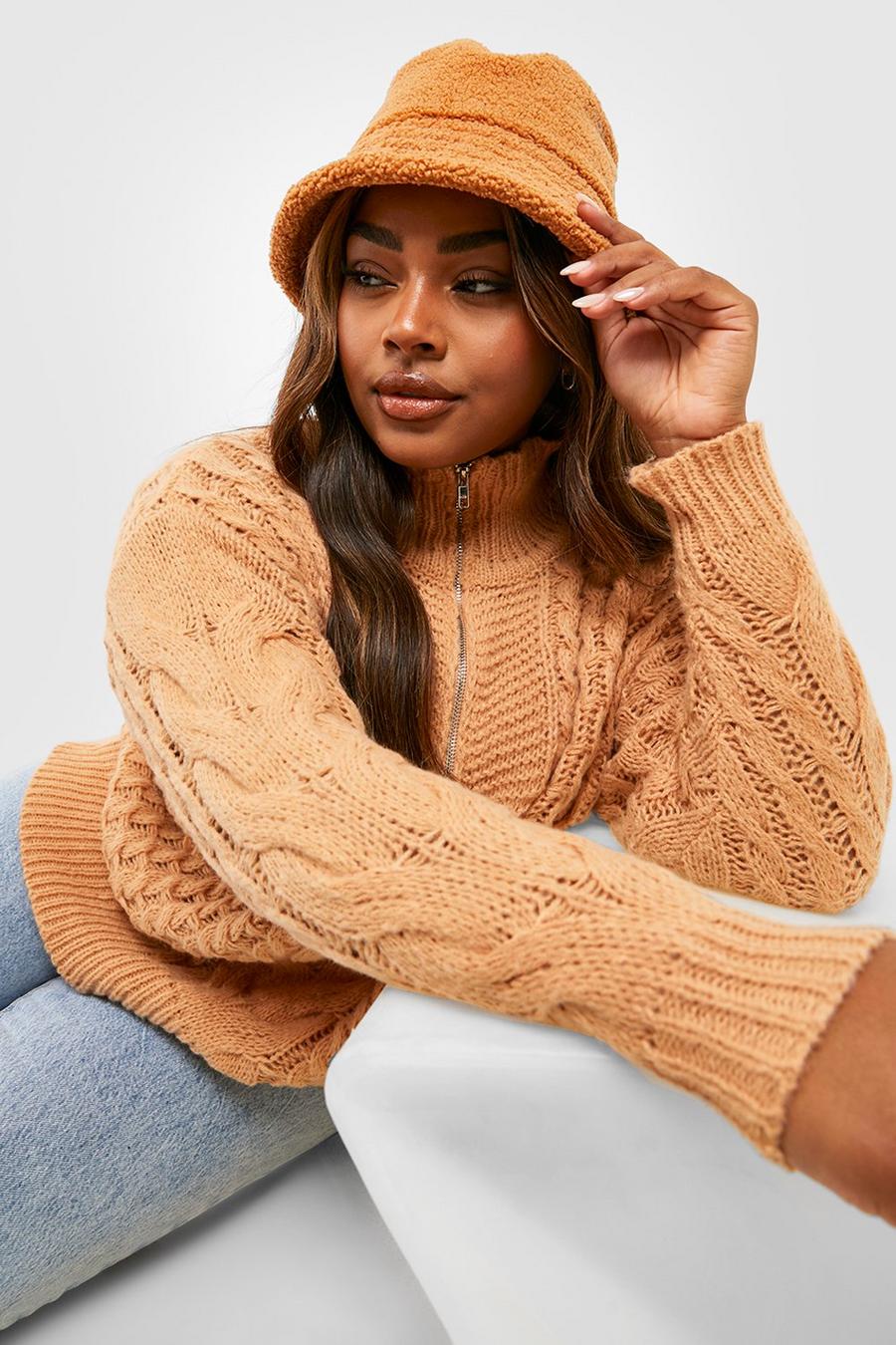 Camel Plus Chunky Cable Knit Half Zip Jumper image number 1