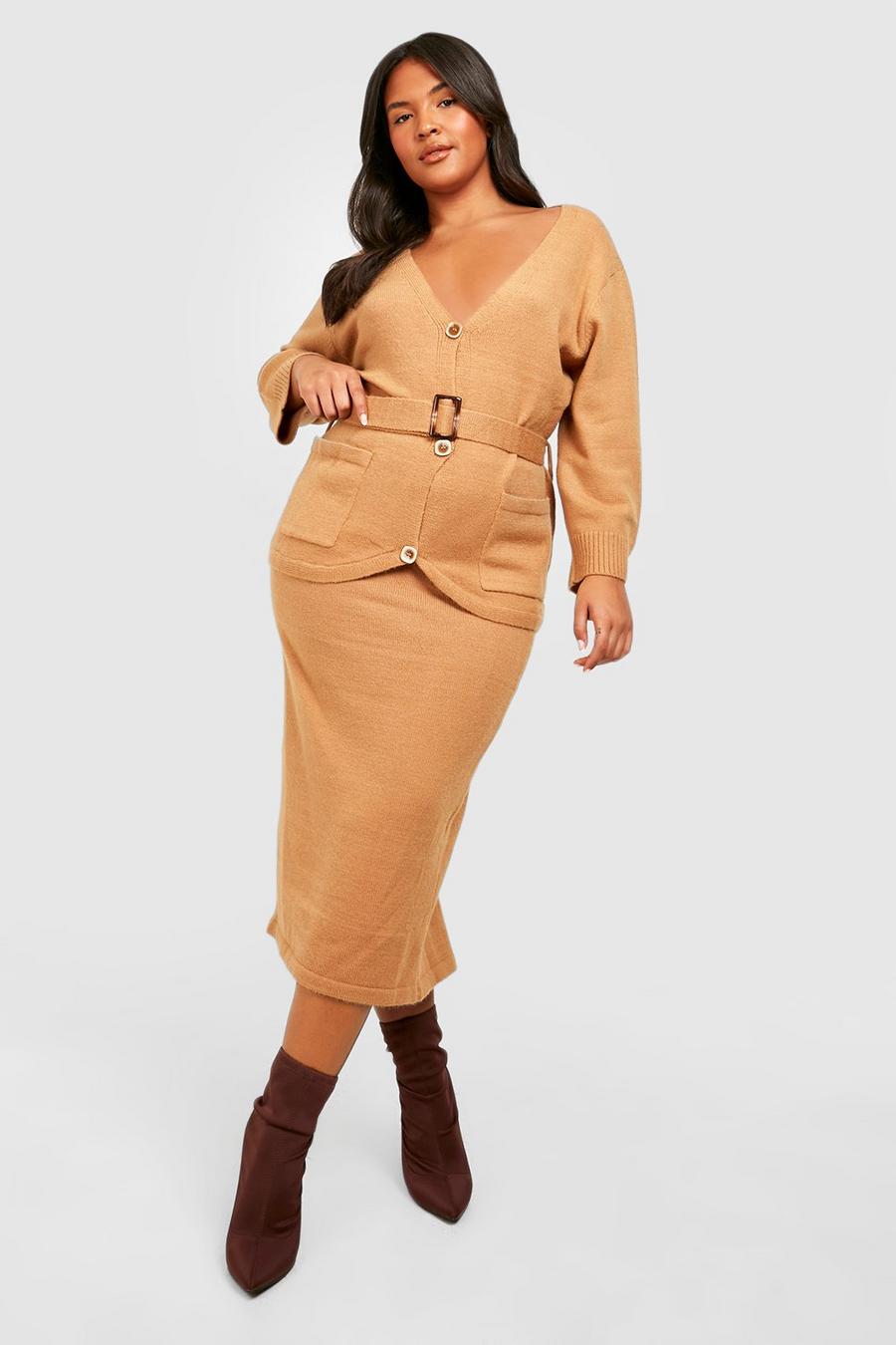 Camel Plus Knitted Wrap Cardigan & Skirt Co-ord image number 1