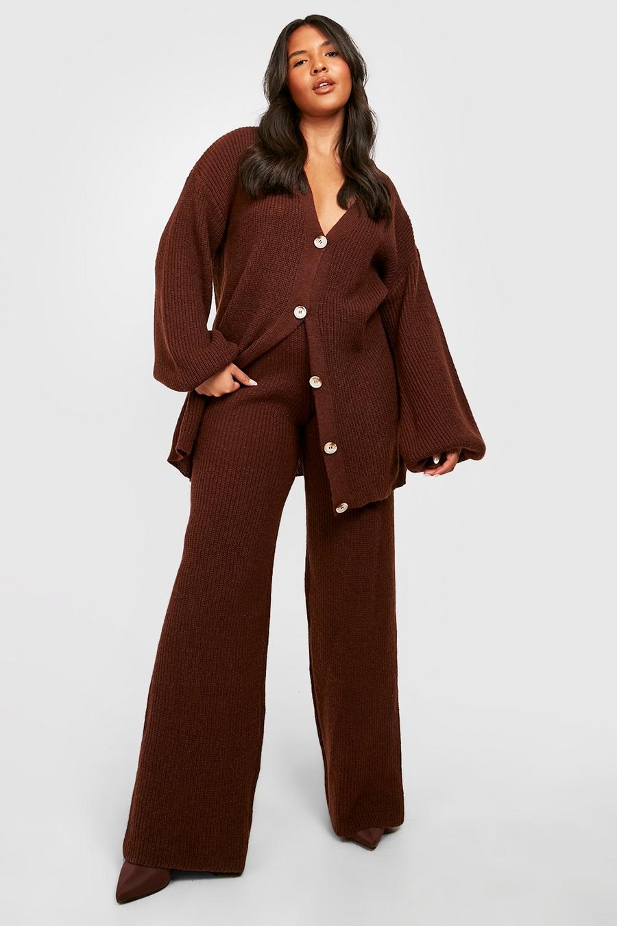 Chocolate brown Plus Chunky Knit Cardigan Co-ord image number 1