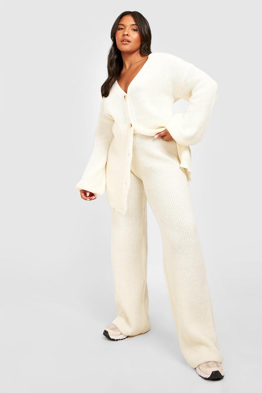 Cream white Plus Chunky Knit Cardigan Two-Piece image number 1