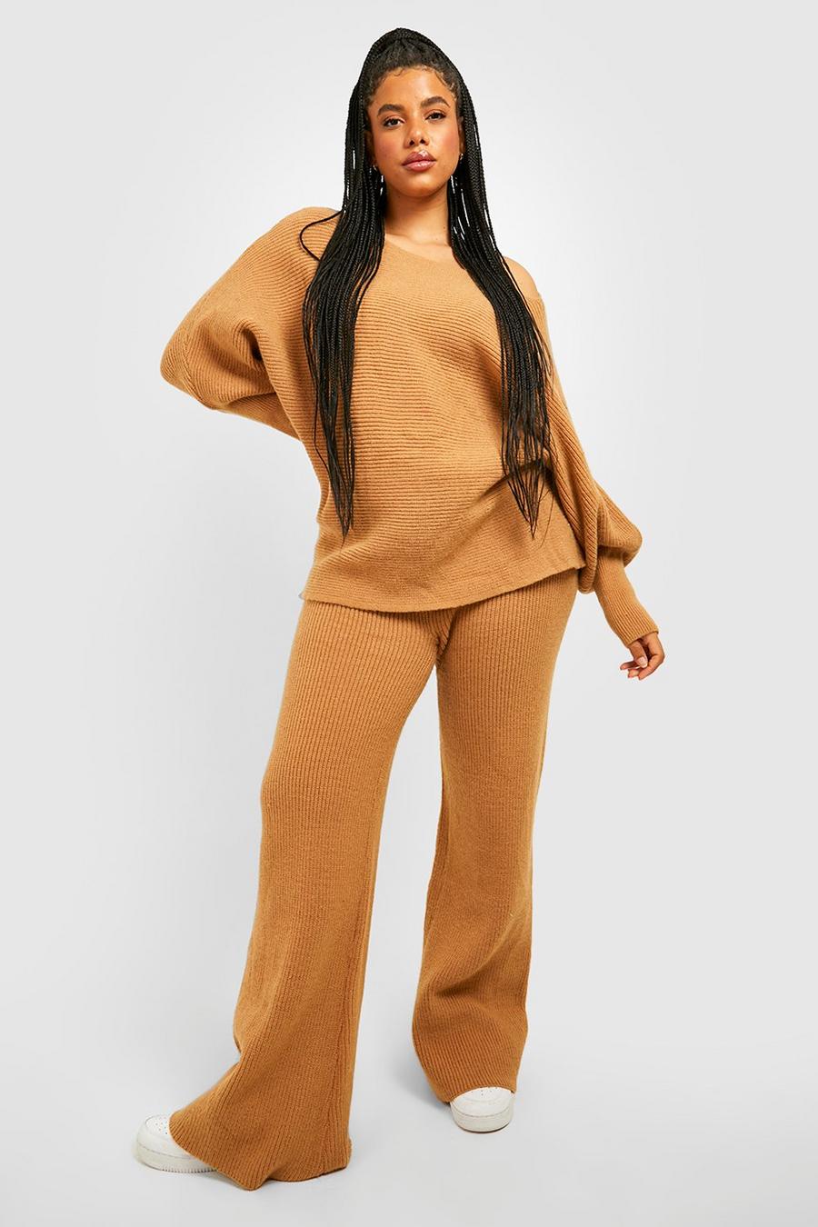 Camel Plus Slouchy Wide Leg Knitted Co-ord image number 1