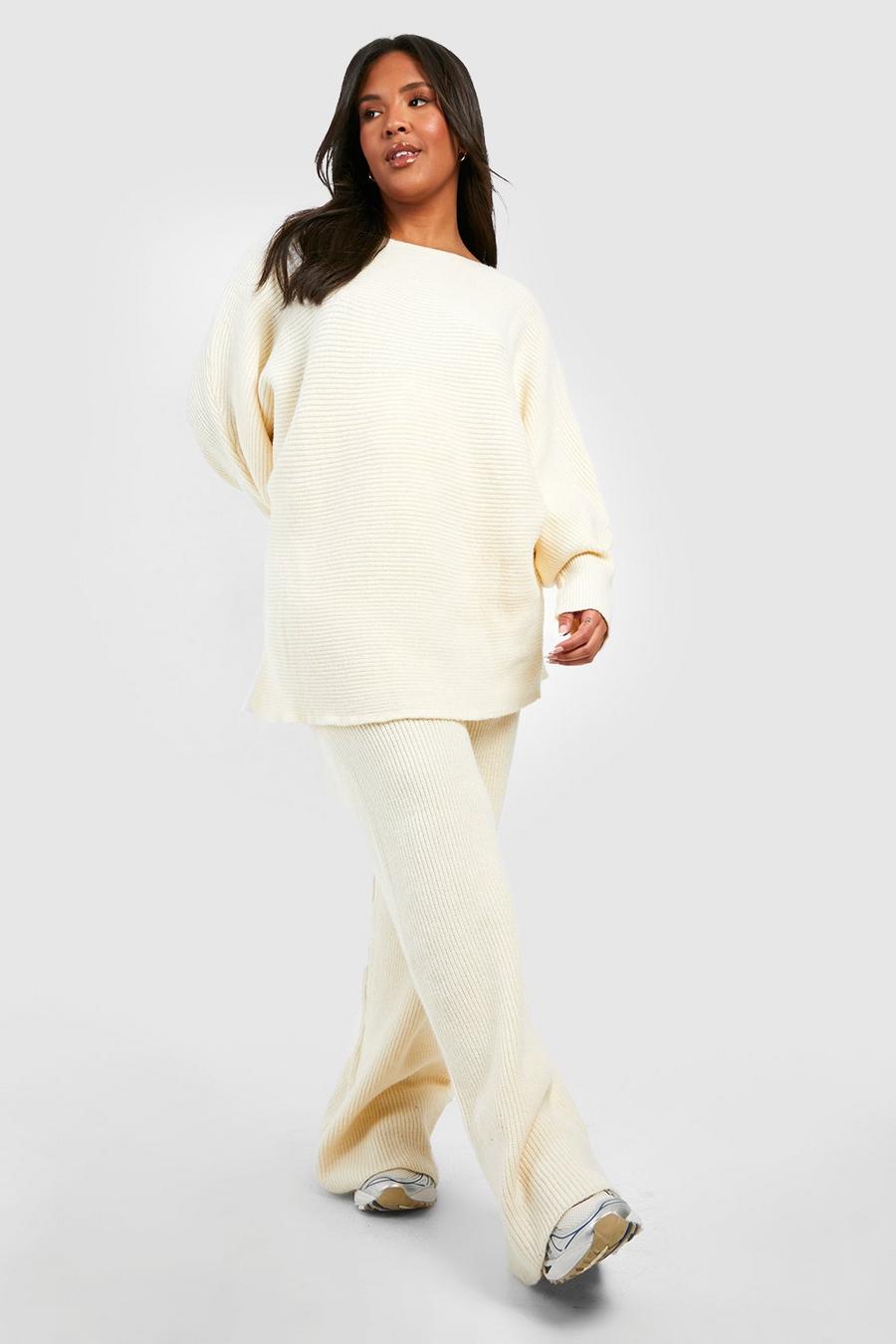 Cream blanco Plus Slouchy Wide Leg Knitted Co-ord