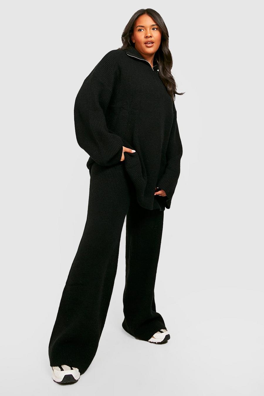 Black Plus Half Zip Chunky Knitted Co-ord image number 1