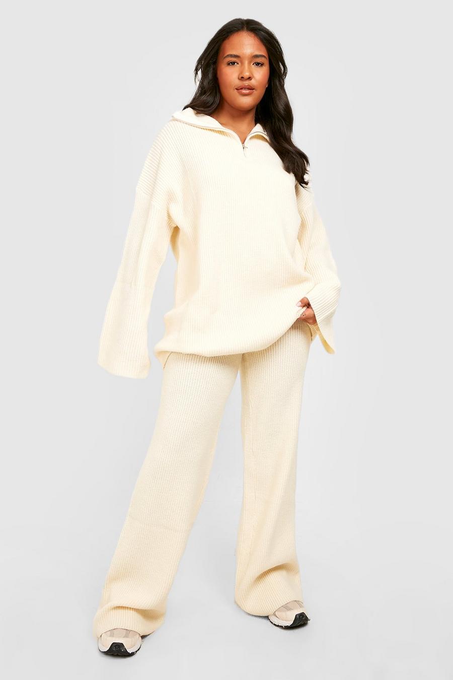 Cream white Plus Half Zip Chunky Knitted Two-Piece image number 1