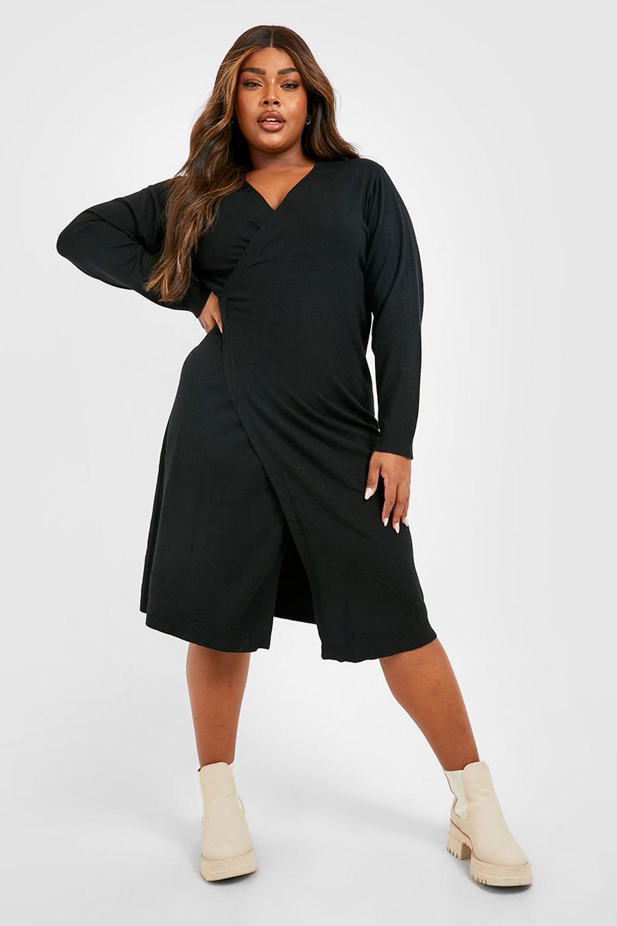 Black Plus Knitted Wrap Midi Dress image number 1