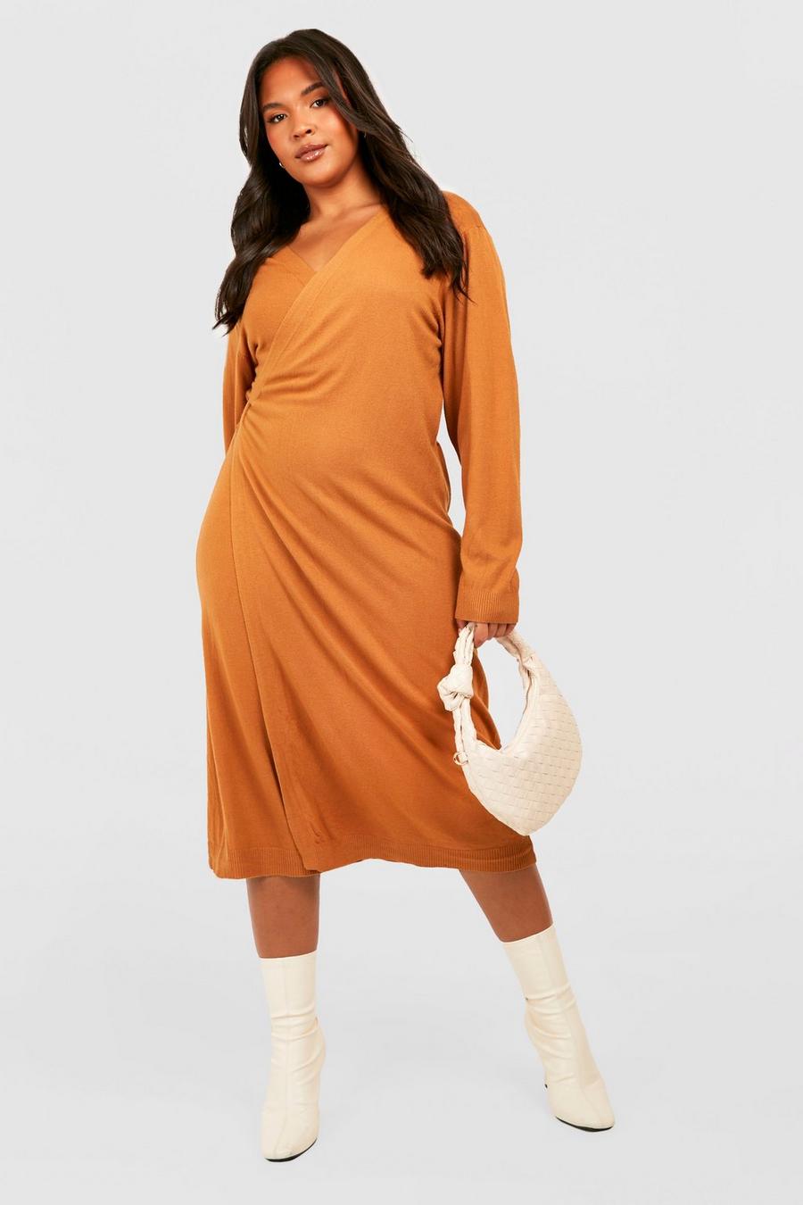 Camel Plus Knitted Wrap Midi Dress image number 1