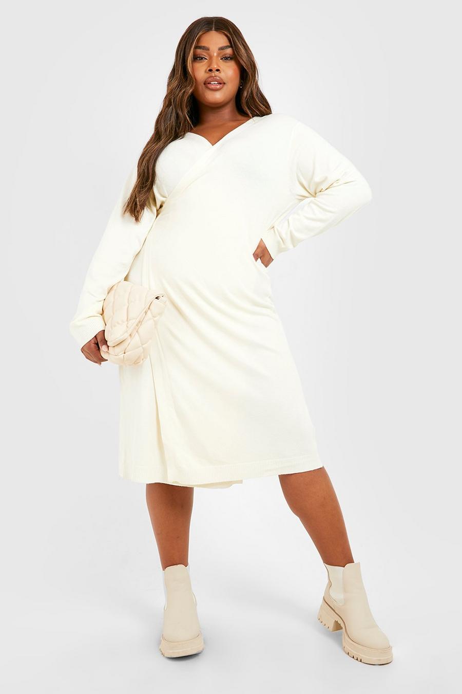 Cream white Plus Knitted Wrap Midi Dress