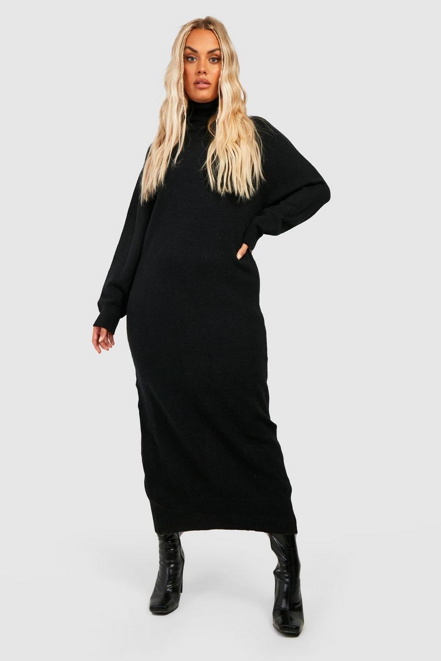 Black Plus Knitted Turtleneck Midi Dress