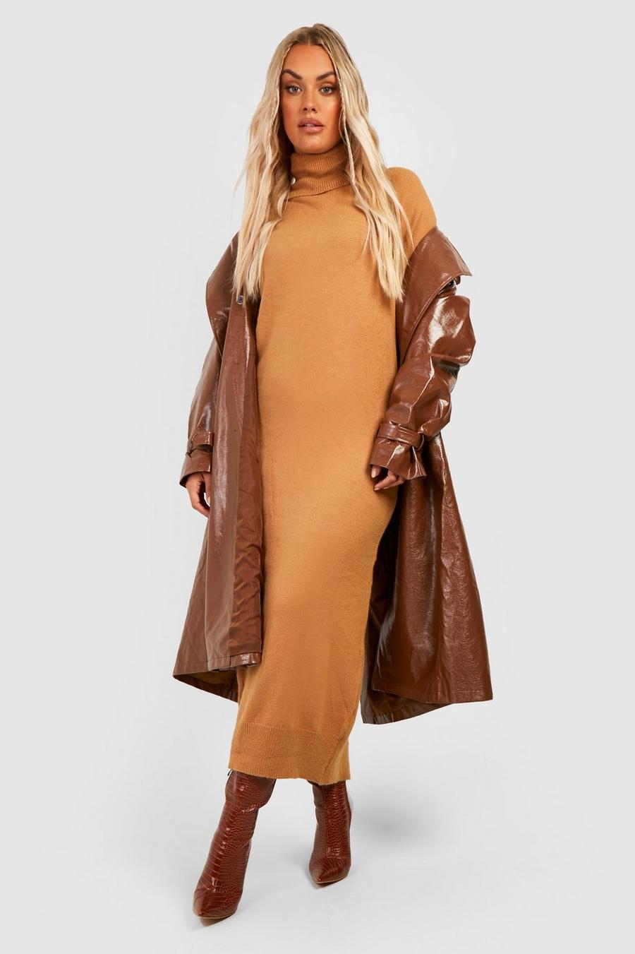 Camel Plus Knitted Roll Neck Midaxi Dress image number 1