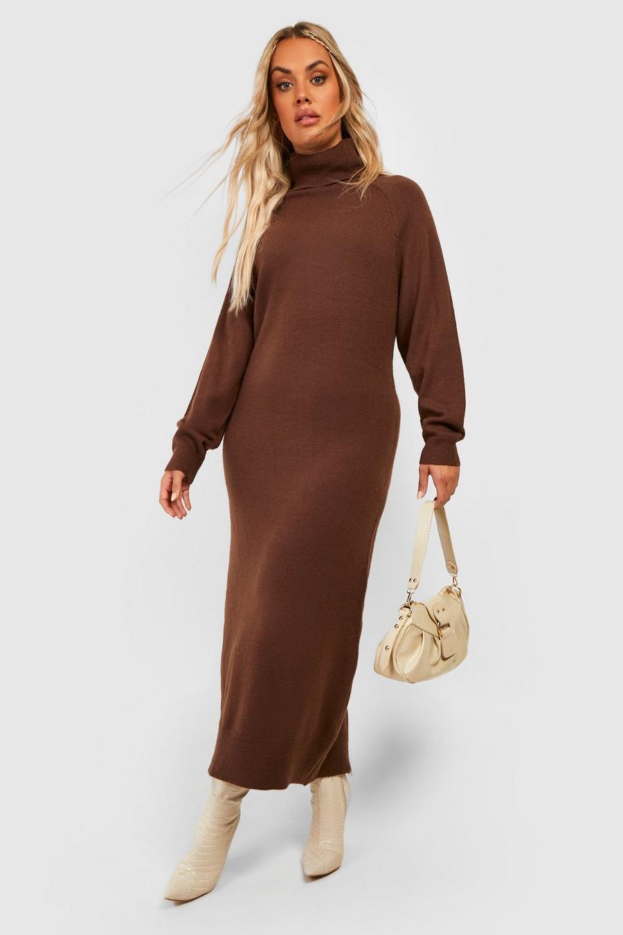 Chocolate brown Plus Knitted Turtleneck Midi Dress
