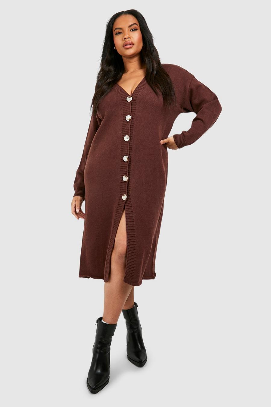 Chocolate marron Plus Knitted Midi Cardigan Dress