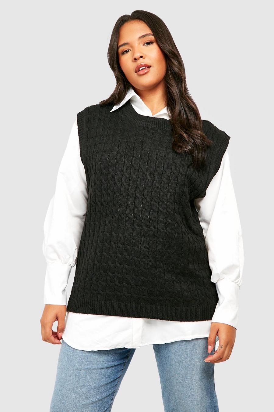 Camicia Plus Size in maglia intrecciata 2 in 1 con maniche a sbuffo, Black image number 1