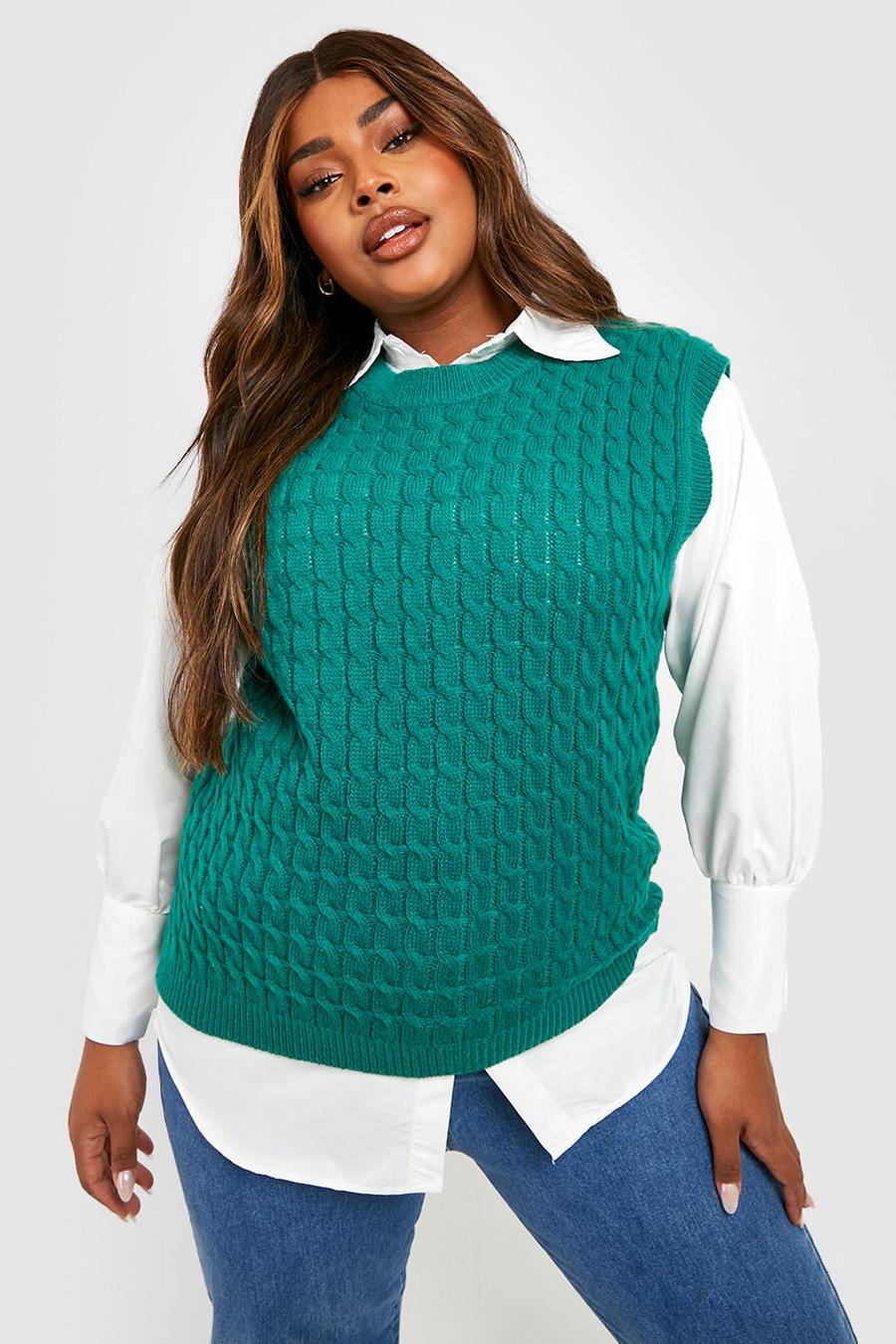 Forest green Plus Cable Knit 2 In 1 Puff Sleeve Shirt