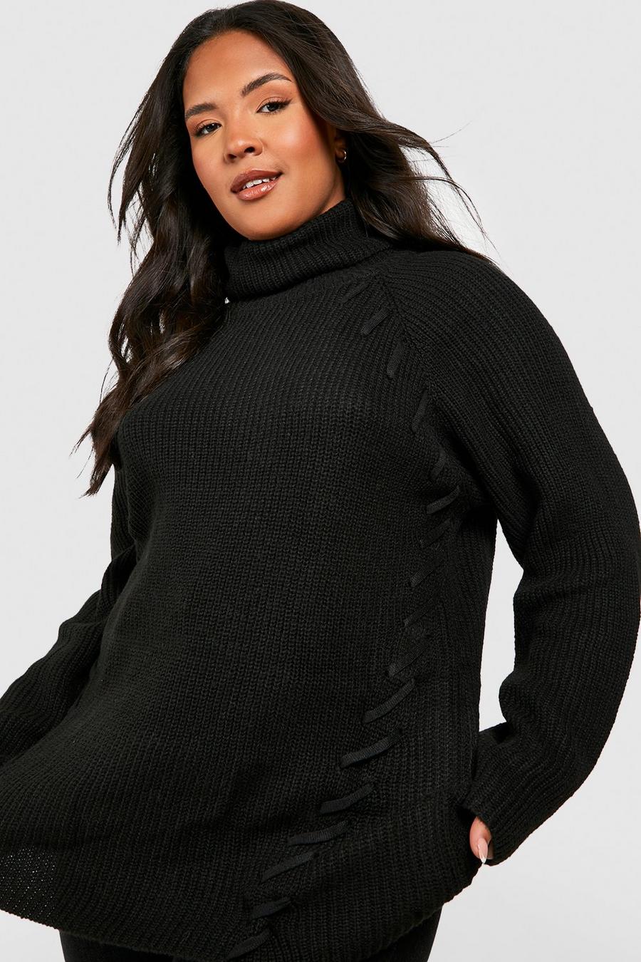 Black Plus Lace Up Knitted Turtleneck Sweater