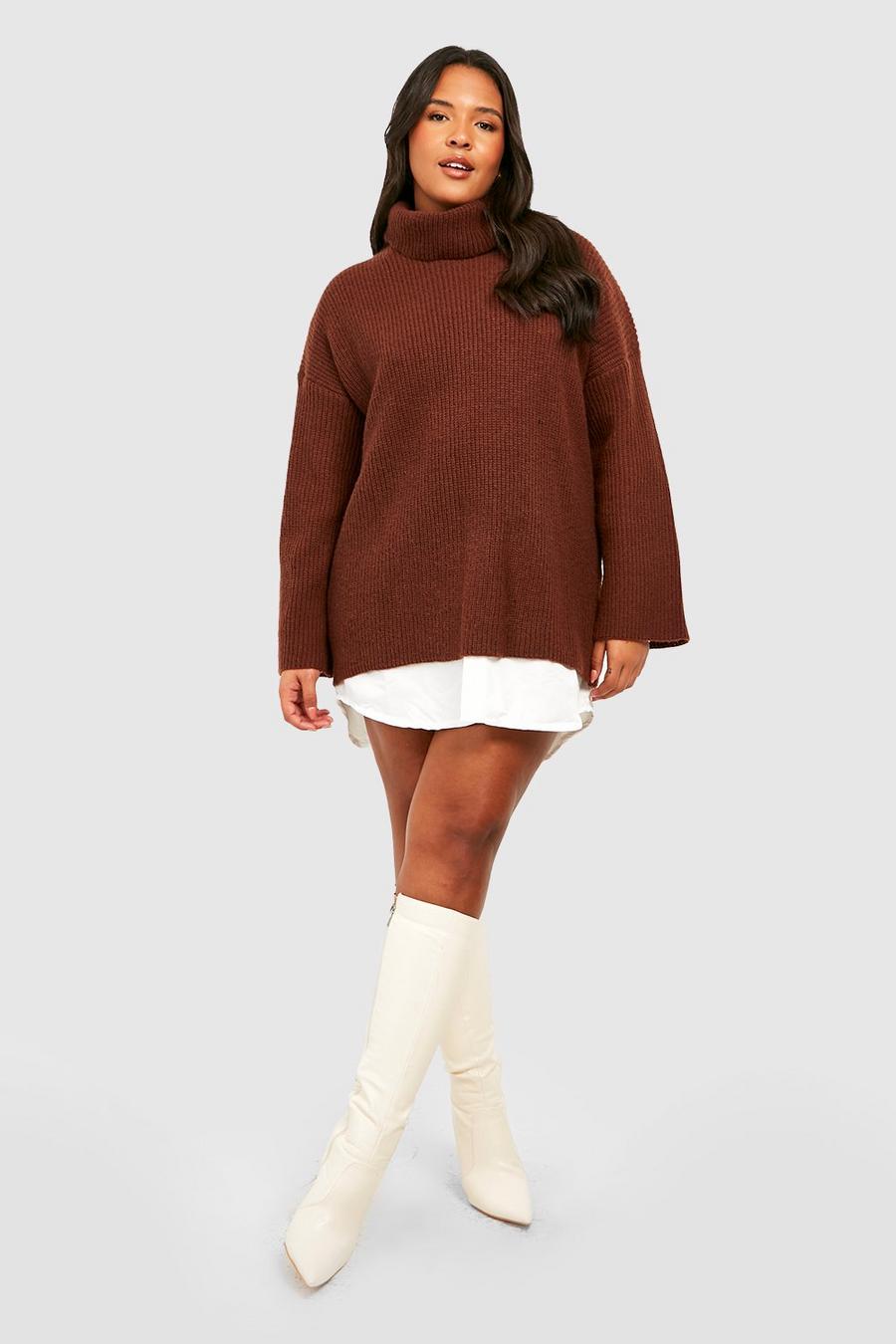 Chocolate Plus Chunky Knit Roll Neck 2 In 1 Shirt Dress image number 1