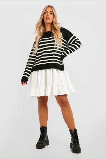 Plus Knitted Stripe Jumper 2 In 1 Shirt Dress black